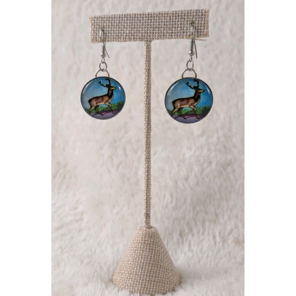 Deer Stag Dangle Earrings Silver Tone Art‎ Cabochon Woodland